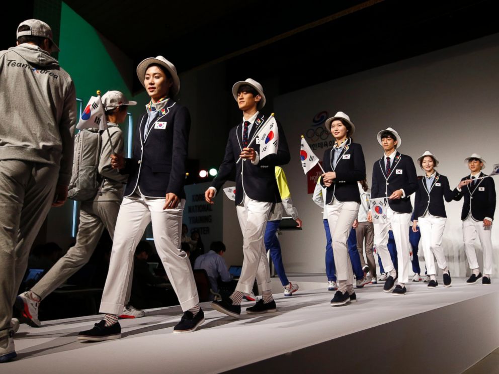 South Korean Olympic athletes and models present the South Korean Olympic team uniforms for the 2016 Rio de Janeiro Olympic Games at Korean National Training Center in Seoul on April 27, 2016. 