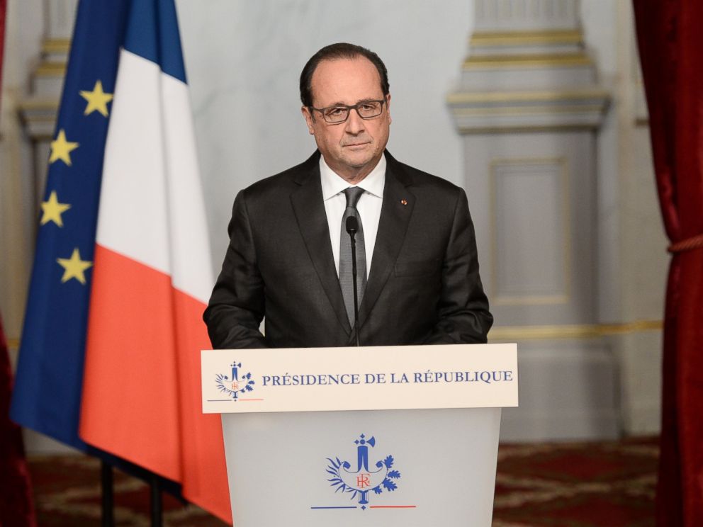 PHOTO: French President Francois Hollande speaks at the Elysee Palace in Paris, Saturday, Nov. 14, 2015, following a series of coordinated attacks in and around Paris late Friday which left at least 127 dead.