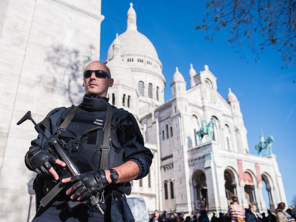 PHOTO: A French police officer patrols the Sacre Coeur basilica in Paris on Nov. 15, 2015.