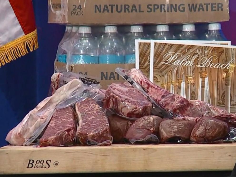 PHOTO: A display of Trump steaks, wrapped in plastic with the words Bush Brothers imprinted, is seen before Donald Trump speaks at a campaign press conference event in Jupiter, FL, March 08, 2016.