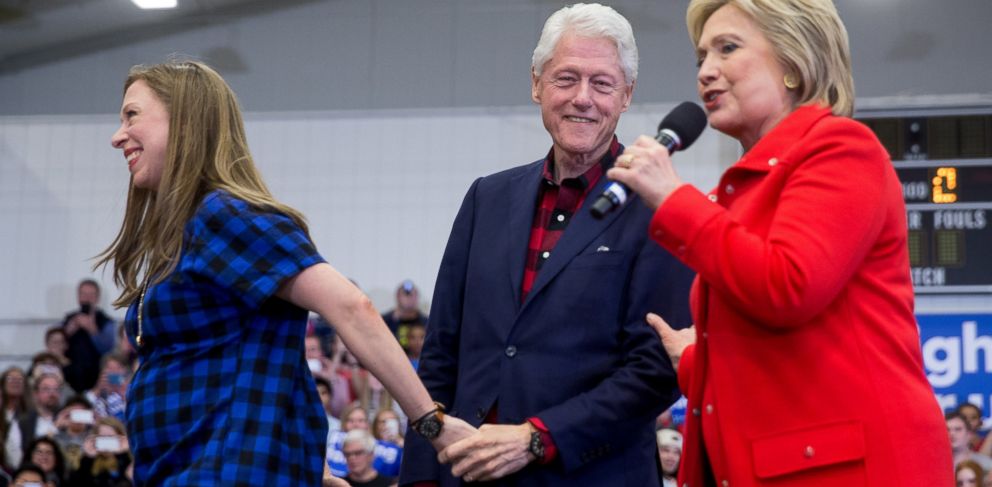 PHOTO: Former President Bill Clinton, center, and daughter Chelsea Clinton step off the stage as Democratic presidential candidate Hillary Clinton arrives to speak at a rally at Washington High School in Cedar Rapids, Iowa, Saturday, Jan. 30, 2016