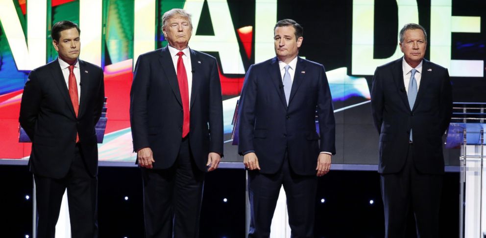 PHOTO: Republican presidential candidates, Sen. Marco Rubio, Donald Trump, Sen. Ted Cruz and Ohio Gov. John Kasich stand together before the start of the Republican presidential debate at the University of Miami, March 10, 2016, in Coral Gables, Fla.