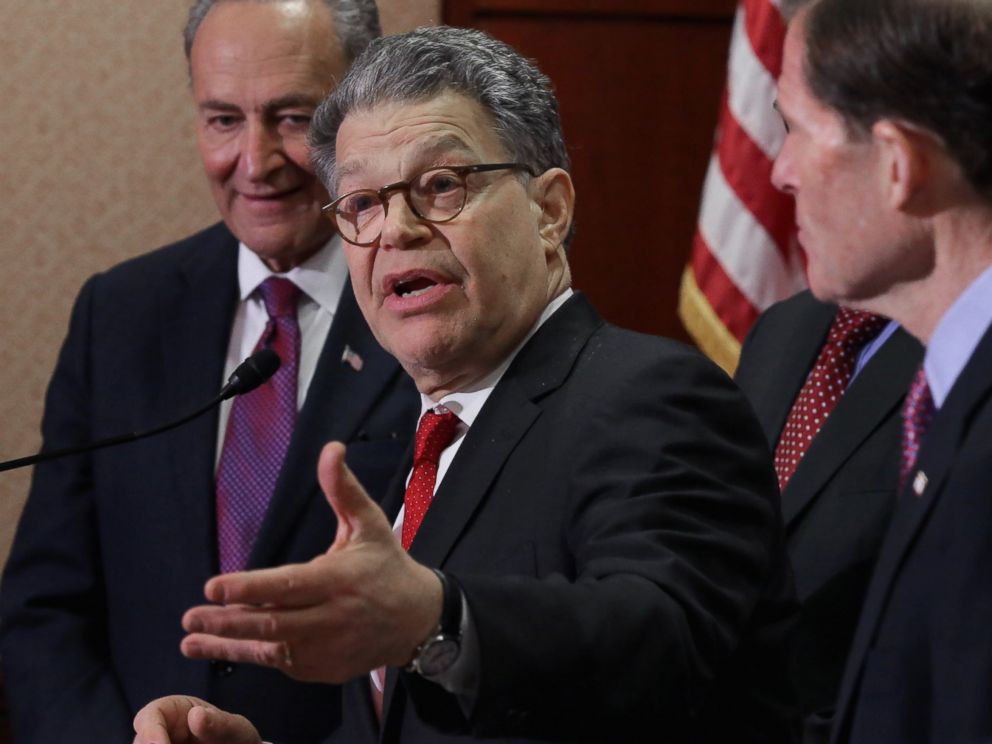 PHOTO:Sen. Al Franken is joined by Sen. Charles Schumer and Sen. Richard Blumenthal during a rally demanding that Senate Republicans give a Supreme Court nominee a fair hearing and vote at the U.S. Capitol, Feb. 24, 2016, in Washington. 