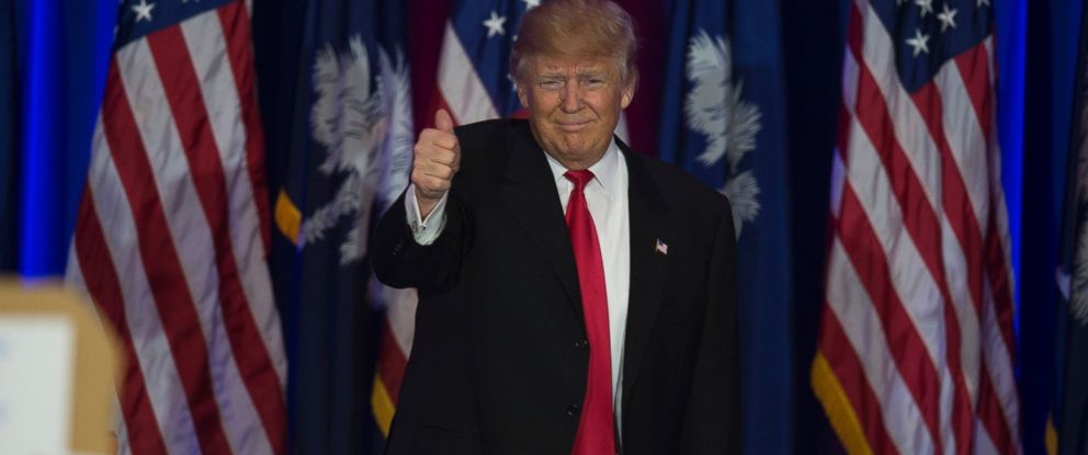 PHOTO:Donald Trump celebrates winning the South Carolina primary in Spartanburg, S.C., Feb. 20, 2016.