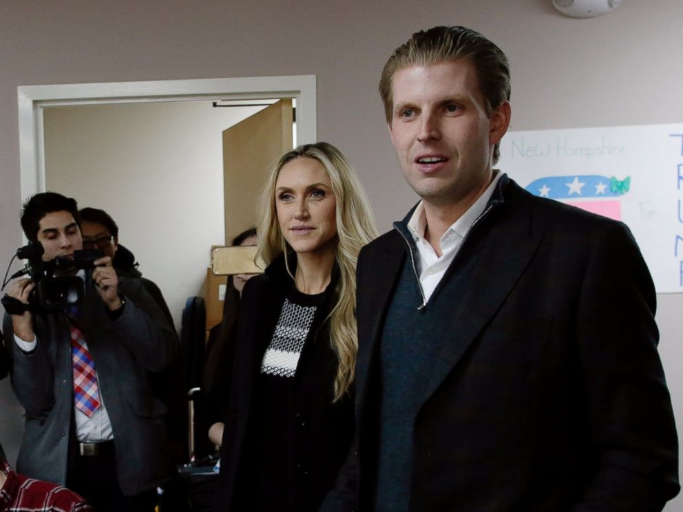 PHOTO:Eric Trump, right, son of Republican presidential candidate Donald Trump, along with wife Lara, thank volunteers as they make phone calls to New Hampshire voters at Trumps campaign office, Feb. 9, 2016 in Manchester, N.H. 