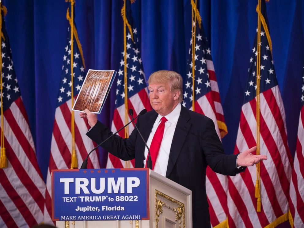 PHOTO:Donald Trump shows of his magazine as he speaks during a campaign press conference event at the Trump National Golf Club in Jupiter, Fla., March 08, 2016. 