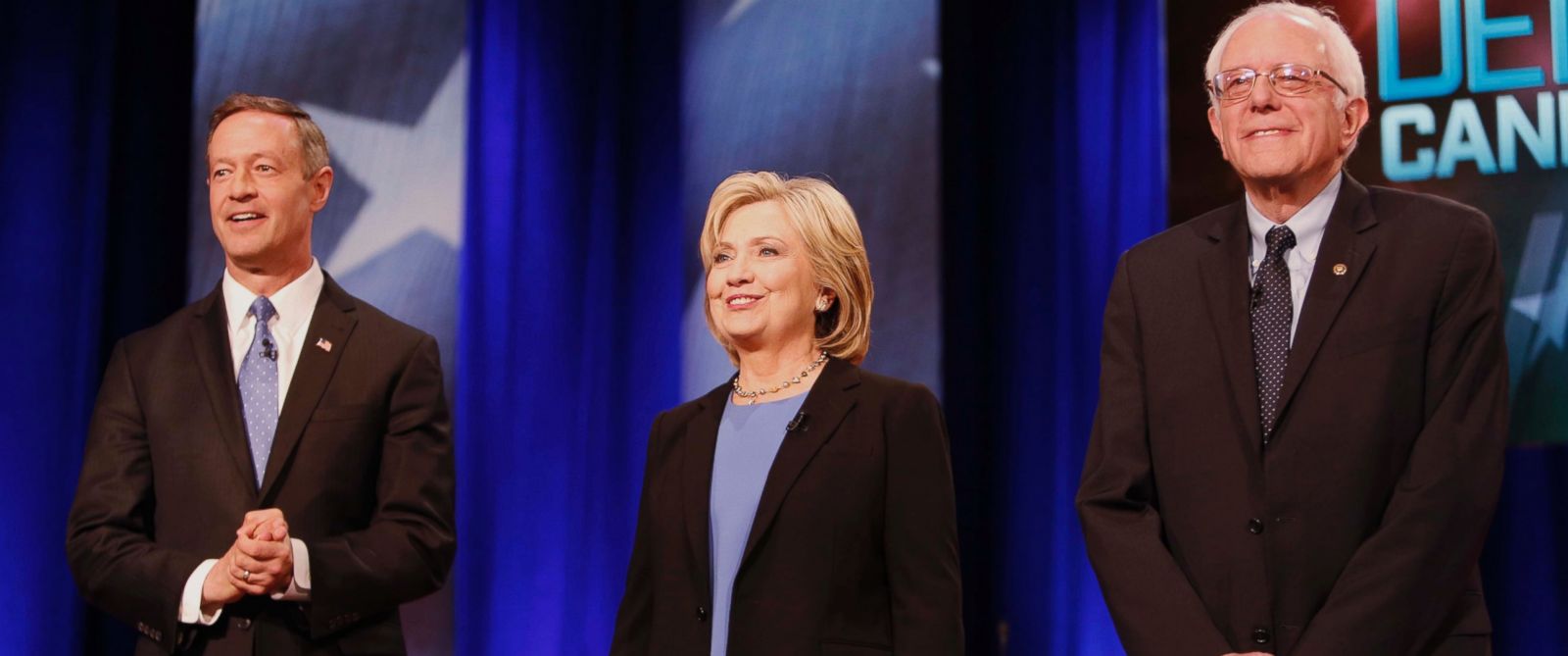 PHOTO: Democratic presidential candidates former Maryland Gov. Martin OMalley, Hillary Clinton and Sen. Bernie Sanders before the start of the NBC, YouTube Democratic presidential debate at the Gaillard Center on Jan. 17, 2016, in Charleston, S.C.