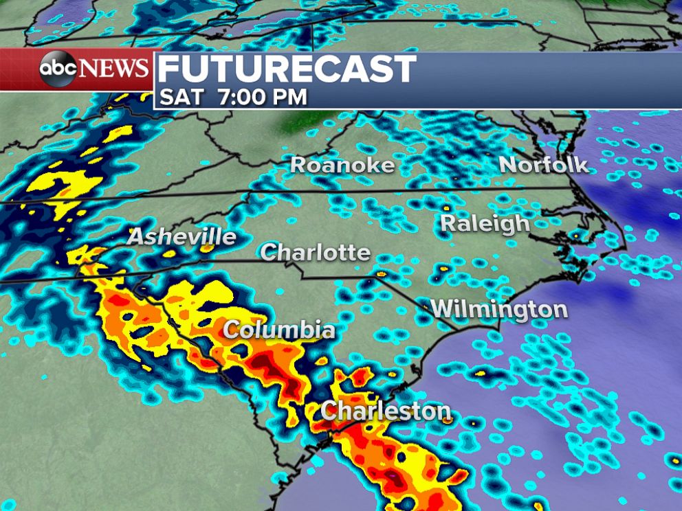 PHOTO: On Saturday evening, rounds of heavy rain will continue across much of South Carolina with unsettled weather expected across much of the mid-Atlantic region.