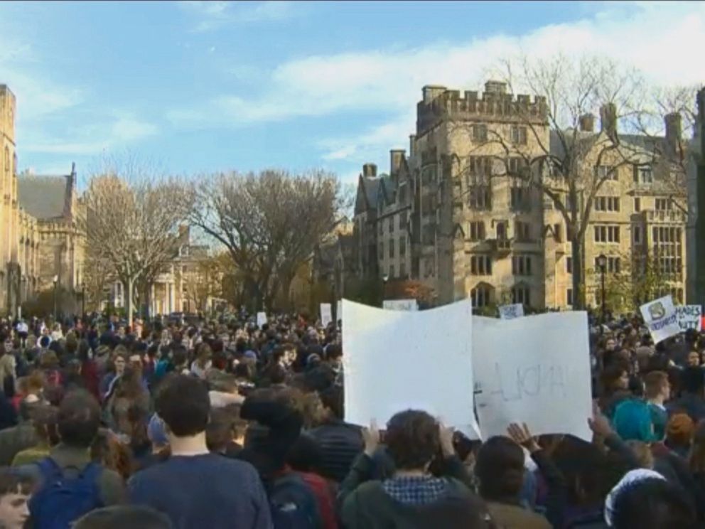 PHOTO: Yale University students and supporters participate in a march across campus to demonstrate against what they see as racial insensitivity at the Ivy League school, Nov. 9, 2015, in New Haven, Conn.