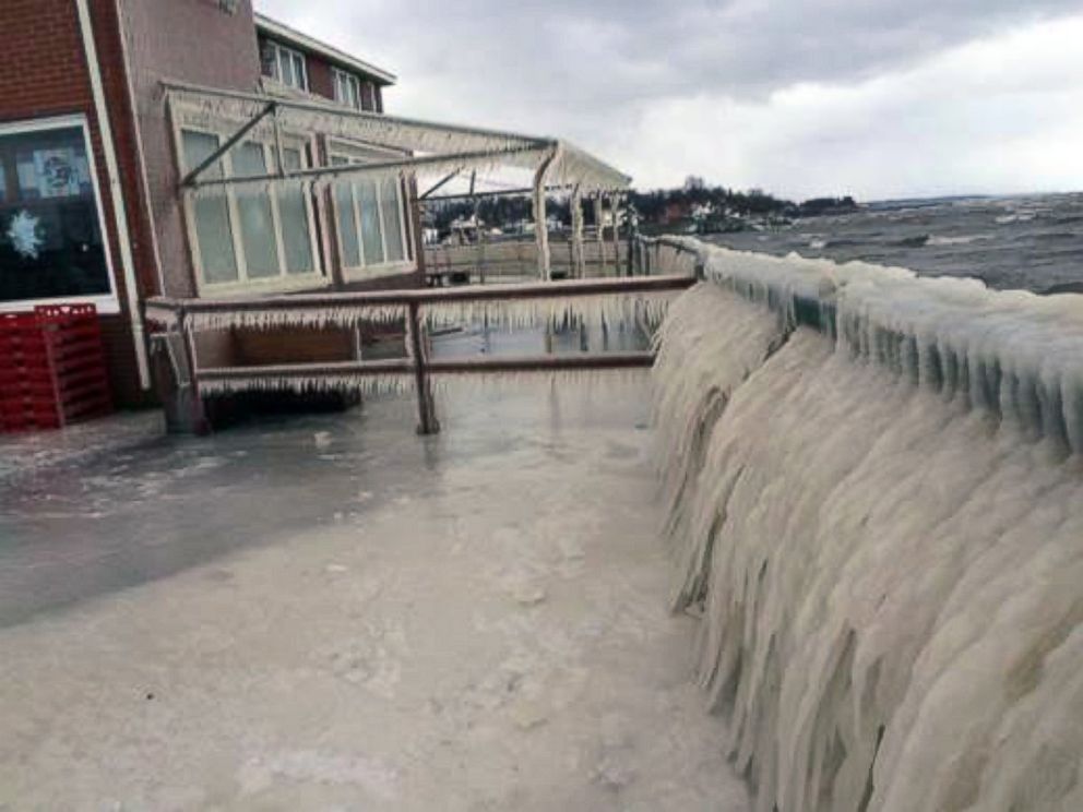 PHOTO: Water from Lake Eerie froze over on the deck of Hoaks Lakeshore Restaurant in Hamburg, N.Y. Sunday night and Monday morning.