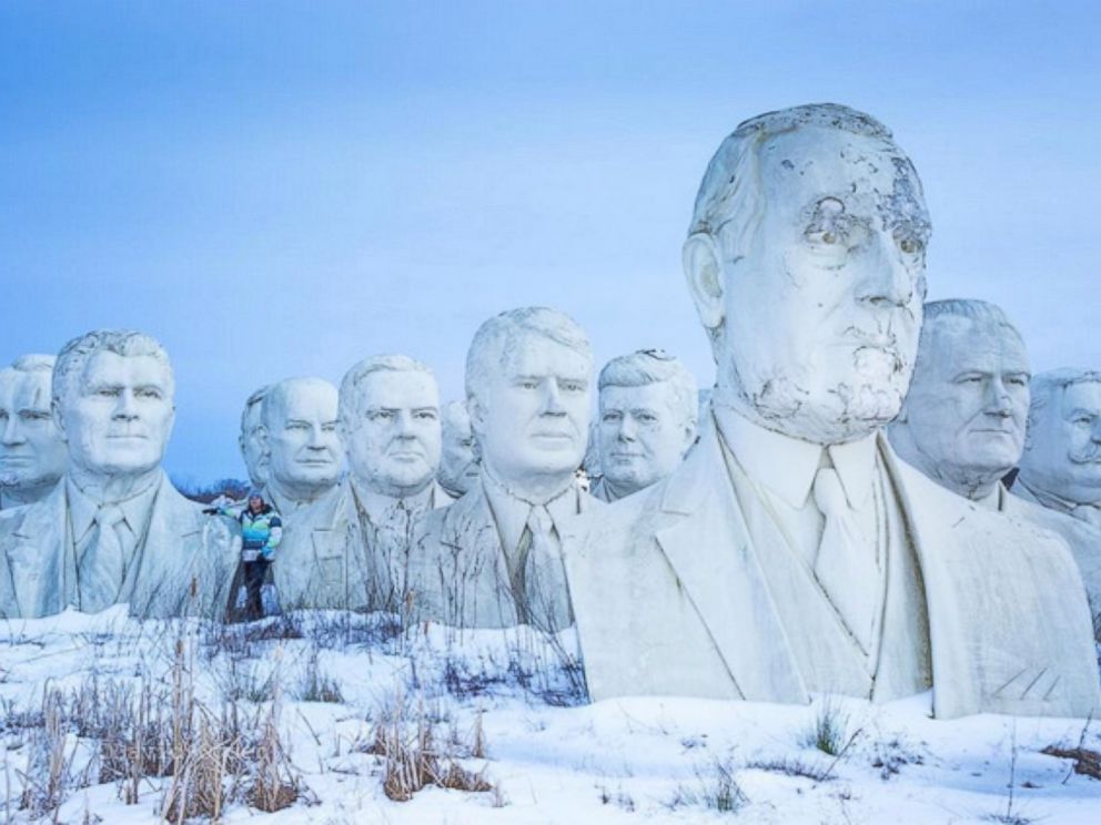 PHOTO: Stone busts of former U.S. Presidents sit in a field near Williamsburg, Virginia. The 20-foot-tall heads were saved from a nearby presidential museum when it closed in 2010.
