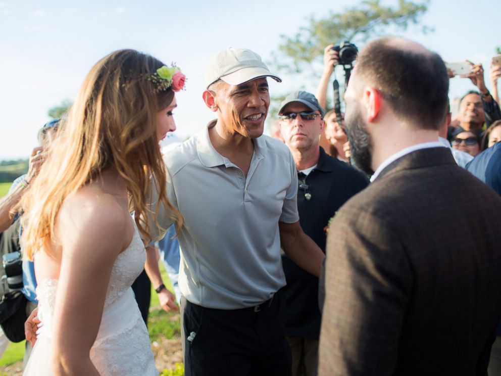 PHOTO: Stephanie and Brian met President Obama on their wedding day when he came to play golf at their venue, the Torrey Pines Golf Course in San Diego, California, on Oct. 11, 2015.