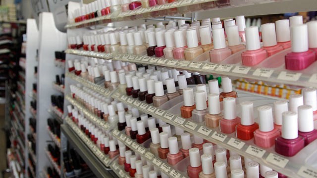 Nail care products are displayed at a beauty supply shop in San Francisco,