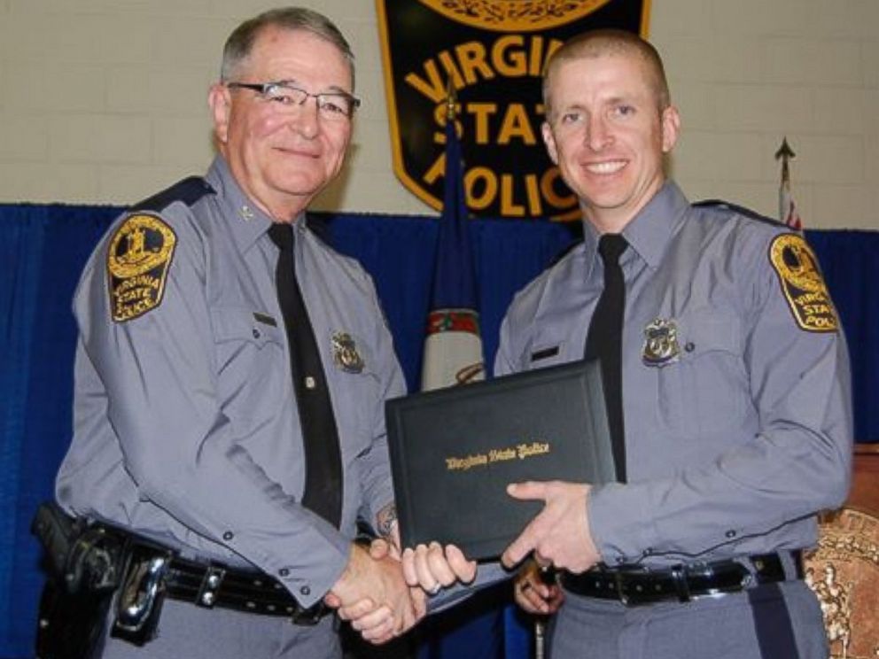 PHOTO: Virginia State Police Trooper Chad P. Dermyer (right) at his Virginia State Police Academy graduation in 2014. He is being presented his diploma by Col. W. Steven Flaherty of the Virginia State Police Superintendent. 