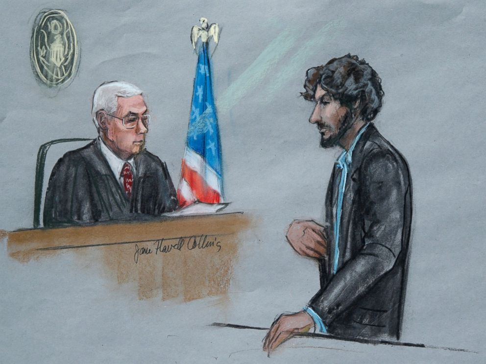 PHOTO:In this June 24, 2015, file courtroom sketch, Boston Marathon bomber Dzhokhar Tsarnaev, right, stands before U.S. District Judge George OToole Jr. as he addresses the court during his sentencing, in federal court in Boston. 